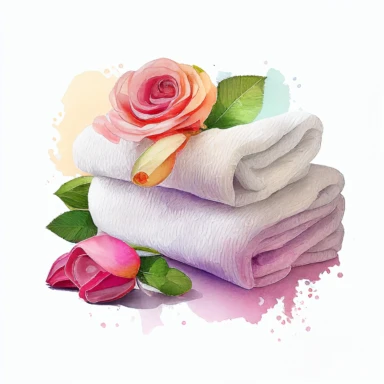 watercolor, Massage towels with rose petals sprinkled on them , clipart, white background, realistic, pastel colors