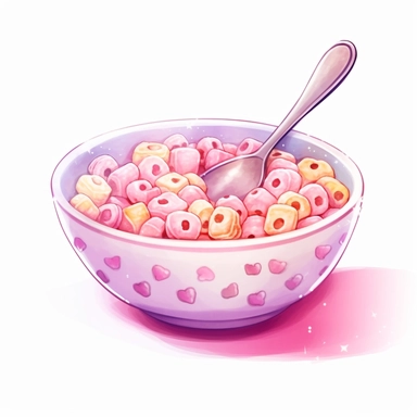 kawaii pink bowl of cereals with a spoon inside de bowl, pink palette, super cute, so adorable that is breaks your heart, full body, watercolor clipart, isolated on white background, cute-core