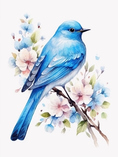 blue bird with flowers, watercolor clipart, completely white background, watercolor,