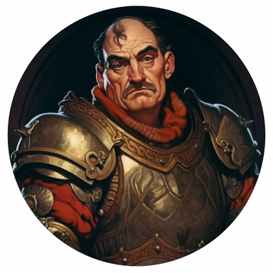 Arthur Sarnoff's character portrait circular tondo depicting an armored Victorian knight, Mike Allred Josh Kirby, clipart illustration, circular solid background circular border