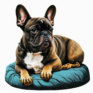 french bulldog, on a dog bed, tempera clipart illustration, dark vibrant colour, vivid, clean, crisp, smooth, white background