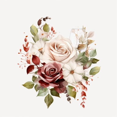 white beige rose border with leaves, wine wedding, mystical, beautiful, white background, single clipart, halloween element, Sparkling ,watercolor