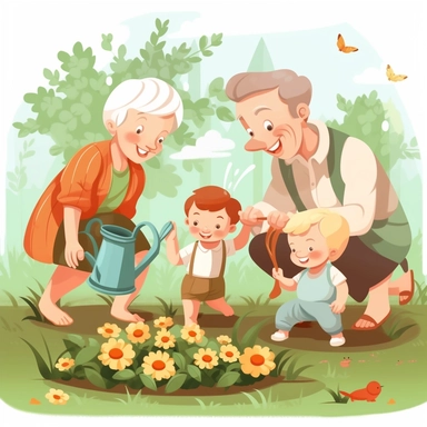 cute baby boy playing with grandparents in the garden, summer time, no watermark, clipart