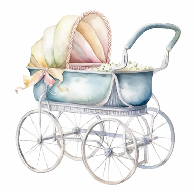 Generate a watercolor clipart series of classic baby items, such as prams, bassinets, and mobiles. The colors should be soft and soothing, with lots of pale blues, pinks, and yellows. The images should be detailed and sophisticated, with clean lines and refined details, white background