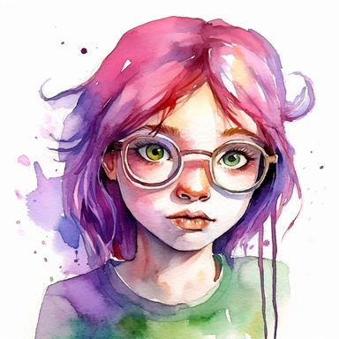 watercolour clipart of a girl with pink or purple hair , green eyes, with glasses, she is the catalyst for her group shared common dreams, binding the girls together. She is direct, occasionally sharp-tongued, and highly empathetic. With a heart full of compassion, she never hesitates to lend a helping hand to anyone in need. She`s dedication to their craft is unparalleled, make her smiling, exalted mood, white background, 8k, f1
