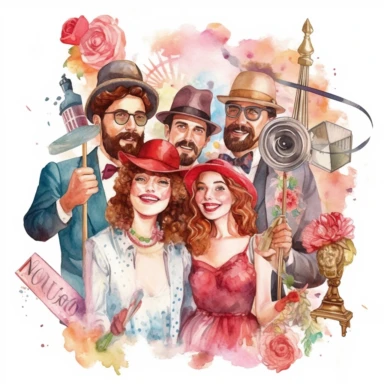 A vintage-inspired photo booth with props and costumes, capturing fun and memorable moments, clipart, watercolor, white background, american style