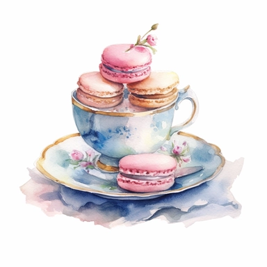 Clipart, Watercolor, Shabby Chic Tea Cup with saucer and tier tray with sweets and cake , light colors, hand-draw, texture