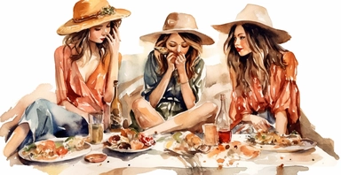 three multicultural fashion group of girls friendships in Paris having a brunch , Watercolour Boho, Clipart, on a white background, detailed, 8k, photographic, realistic