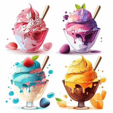 clipart set of ice cream in a cup, eye-catching composition, modern, summer, free brushwork, white background