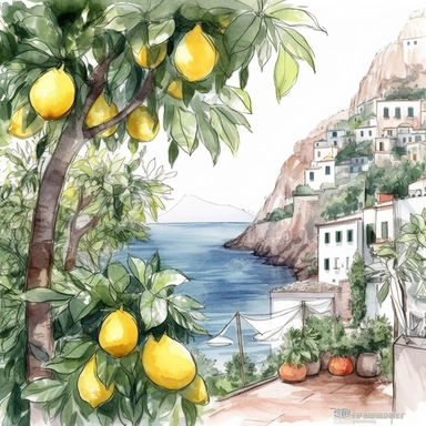 Beach in Positano with lemon trees, watercolor clipart, in the style of charming illustrations, meticulous design, painted illustrations, ferrania p30, sharp details, rich details, free brushwork, isolated white background