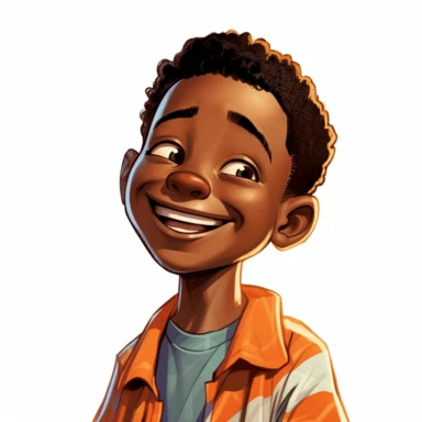 A happy little dark skinned boy with orange shirt, fresh fade haircut, laughing, disney clip art