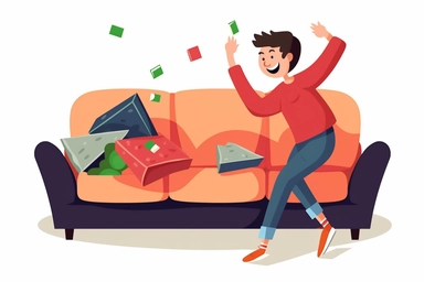 happy teen finding a green dollar bill between cushions of sofa, clipart, vector hd, on white background