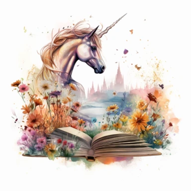 there lay a large open fantasy book with heroic mystical landscapes looming from the pages. The scenery depicts a unicorn with a fluttering mane and a golden horn, standing in a flowery meadow. It is drawn by Valentina Verlato in a mesmerizing style of simple watercolor illustration with clean lines and bold and rich colors. This is a png clipart on a white background, it should be easy to cut and remove the background, so use only strong colors around the edges of the clipart. The composition i