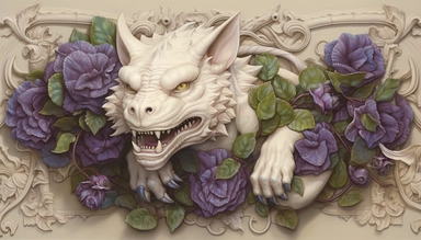 friendly gargoyle, Ivory and purple flowers, Leaves, vintage Pastel Cream Background, Smoke Petals, Maximalist, Hyper Detailed, 3D rendered, 8k polished, Hyper Realistic Intricate details, hyper realistic, intricate detail, painting, shabby chic, clipart