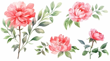 Watercolor flowers. Pink red blush peony set. Floral bouquet clipart. Garden roses with greenery illustration isolated on white background