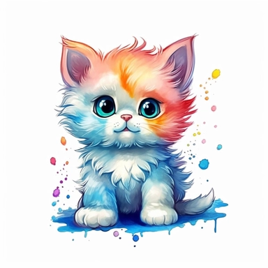 a whimsical cute fluffy baby cat cartoon clipart on white background with margins, watercolor, icon, sticker art