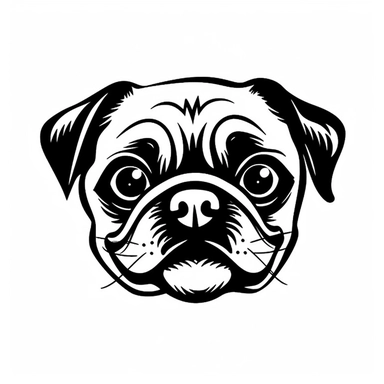Simple outline of a front - facing crooked head happy Pug dog head peeking with front paws, cute clipart, flat 2d vector, minimalist, black and white, kids cartoon, svg cut file, line art drawing, white isolated background