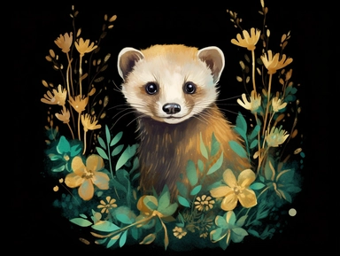 deep emerald gold watercolor Ferret with flowers plants clipart, golden metallic lines and some glitter, shining colors, dark background, 8k, high resolution