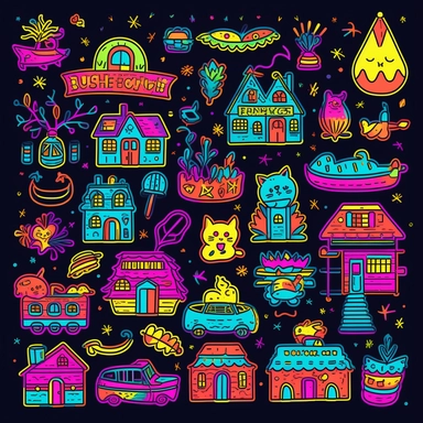 cute hand drawn neon color clipart set on black background , big house, beach, castle, boat, a girl, a boy, car, bus, train, plane, bird, eagle, fox, lion, cat, cats, fish, cake