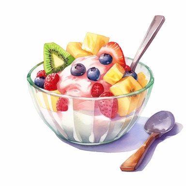 Fruit salad, yogurt and a spoon, Watercolor, cottagecore, pastels, clipart, beautiful, colourfull, png transparent white background, high resolution, no caption q4 s2