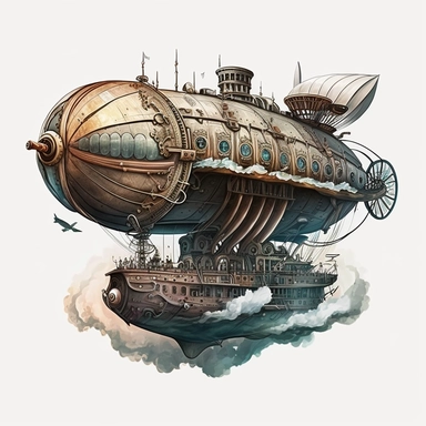 Envision a massive, steampunk style streamlined airship with a steam-powered engine and intricate gear-driven controls. It travels silently through the air with the help of its large propellers. Watercolor style in high resolution with white background. 4k clipart