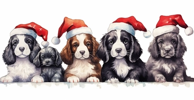 Cute black and white springer spaniel puppies in a line, dressed in cute christmas outfits, playful, vivid colors, white background, ornamental watercolor clipart, I can't believe how beautiful this is
