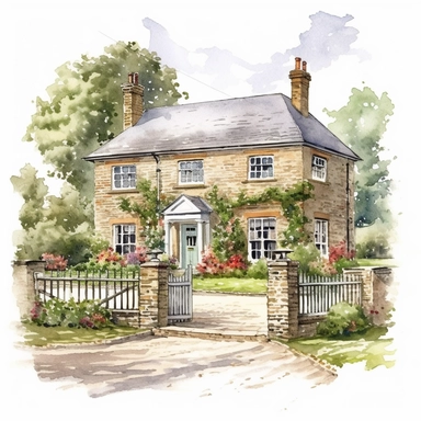 watercolour beautiful Georgian country farmhouse beautifully detailed perfect realistic features beautiful perfectly detailed Georgian country house png image,high resolution,300dpi,graphic clipart,computer graphics