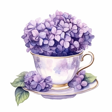 watercolor painting,Purple Hydrangeas in teacup clipart, beautiful teacup clip art, fancy teacup, delicate little teacup, victorian