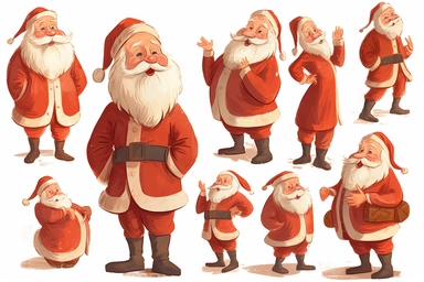 clipart happy santa claus, multiple poses and expressions, white background, folk art style,