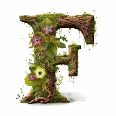 vintage letter F Made Of Tree with vines wrapped around, flowers. moss clings to, illustration clipart, high detailed, white background, digital art