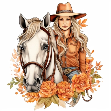 Just A Girl Who Loves Pumpkin Spice Cowgirl horse riding Sublimation Design , style by Lucy Fleming, watercolor, smooth gradients, black contour outline, ultra detailed, clipart elements, delicate pastel colors, solid white background, super clear, high quality