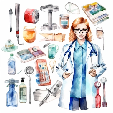 watercolor doctor related scenes , illustrations clipart set, simple, , cartoon elements ,different variants , glucometer, insulin syringe, nurse, doctor, stethtescope, mechanical body weighing scale, tweezers, microscope, ambulance, , separate elements with a margin