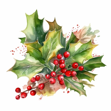 Festive Holly Arrangement Watercolor Art, Beautiful Realistic Clipart, Vibrant Colors, Creative Artistic, Emotional, Detailed, Isolated white background