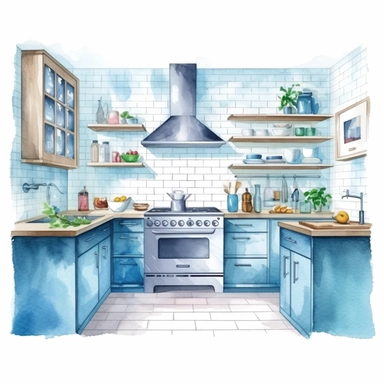 watercolour modern kitchen, clipart on white background, no watermark, highly detailed, professional color gradation, clean sharpness