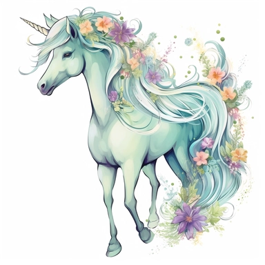 Clipart of a unicorn inspired by a serene meadow scene. Use gentle shades of mint green, buttery yellow, and pale lavender to mimic the colors of wildflowers. Adorn its mane and tail with tiny blossoms and paint its hornwith a pearlescent sheen.