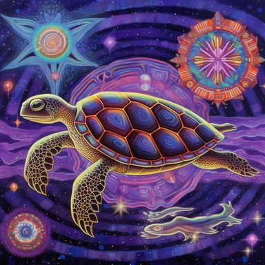 A oil painting of a turtle clipart with a surreal and fantastical design, floating in a starry sky with planets and comets. The turtle has a large body, a long neck, four wings, and a spiral tail. only four legs. Its shell is covered with intricate patterns and symbols in glowing colors. The background is a dark purple sky, creating a contrast with the turtle’s luminous appearance. The painting has a magical and mysterious style, with an imaginative use of elements and colors. The perspective is