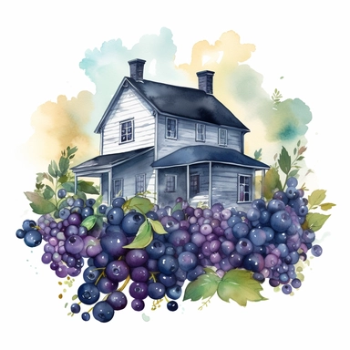a watercolor of a victorian style purple farm , victorian style blueberry academy, blueberry purple nuances, vector free clipart illustration, in the style of unreal engine 5, 32k uhd, detailed features, white background