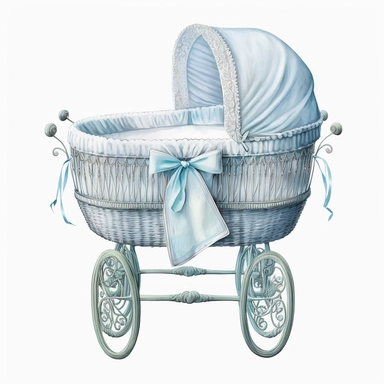 baby bassinet for boy light blue color, white background, watercolor, hyperrealism, high detail, separate elements, clipart