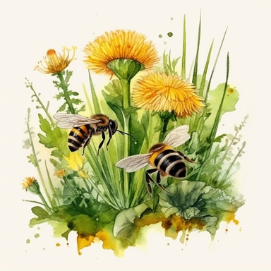 watercolor art of grass tuft with dandelions, honey bees, mushrooms, in the style of realistic and hyper-detailed renderings, sketchfab, ahmed morsi, realistic watercolor paintings, use of common materials, handcrafted designs clipart yellow and green with background removed
