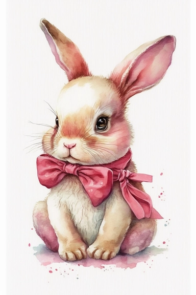 a detailed watercolor painting of a cute cartoon baby bunny with bowtie, clipart, watercolor style, pink, pastel colors, isolated on white background, children's book illustration