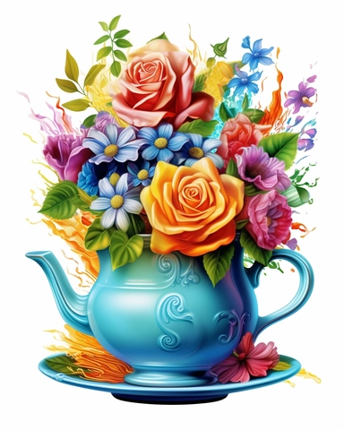 Vintage Flowers Tea Cup and Pot 3d sublimation Clipart, blue-green cup, shine a little, colorful Flower, Retro Flower, Rainbow Color, highly detailed, white background 8k