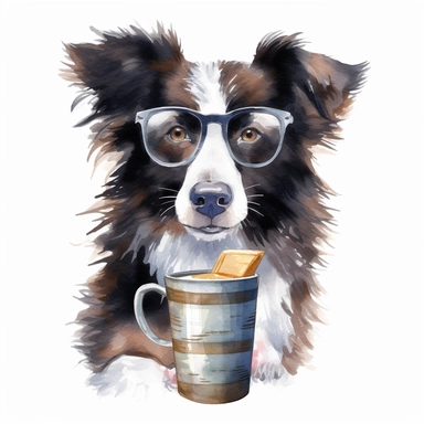 a watercolor border collie dog wearing glasses, reading a book and drinking tea, highly detailed, white background, clipart