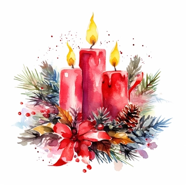 watercolor Christmas wreath adorned with christmas candles clipart, vibrant colors, add glitter, on a white background