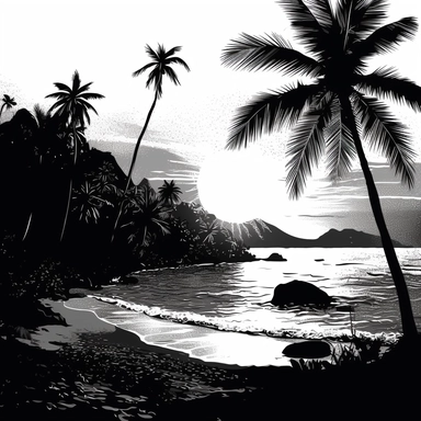 sunrise, Breezy, Tropical, Relaxed, Beachy, Effortless, black and white, clipart,