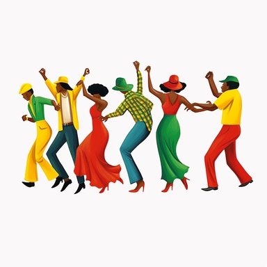 a group of black people jazz dancing, dressed in red, green and yellow, the sugar shack Ernie Barnes art, juneteeth clipart, watercolor art, faceless, minimalist clipart, white background