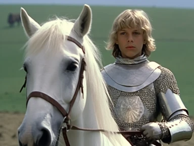 arthur as a young squire is walking next to a white horse, medieval clothing, vhs clip of 1981 movie the grail, in the style of home video, thumbnail