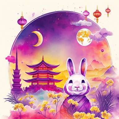 clipart, hand painted, watercolor, vectors, cosmic violet background, sharp focus, highly detailed, Rabbit, Chinese New Year, Bright Red, Celebration, Colorful Confetti behind, Cute, Cheerful, Disney style, Moon behind, beautiful Chinese landscape with yellow barley field, ancient pagoda and Buddha statue behind, wide angle