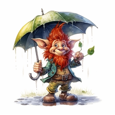 Cute Adorable magical little Goblin with a cylinder hat and a red beard holds laterally a umbrella in his hand wears a raincape and stand in the rain on a country road, clipart, photorealistic illustration, watercolor, high detail, 8k polished, 8k, vibrant colors, white background