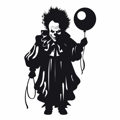 black and white silhouette of a scary halloween clown, clipart style, white background, thick lines, vector, simple design, flat colour, solid colour, halloweencore