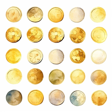 watercolor gold coins, watercolor clip art, watercolor golden coins, white background, highly detailed, 8k, clip art